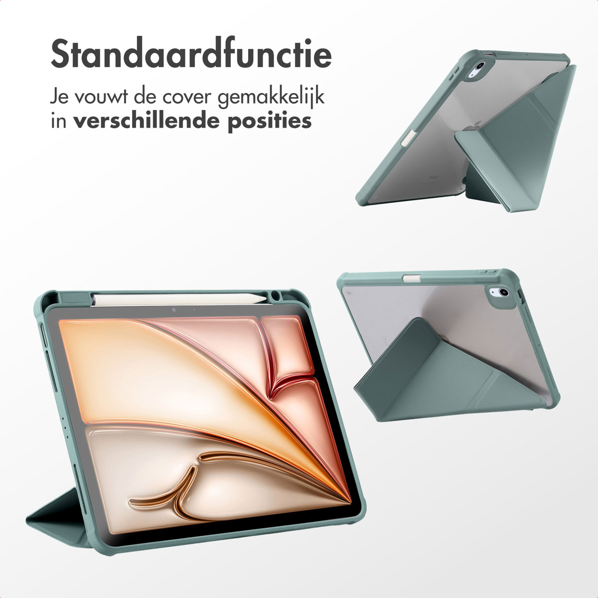 Multiple views of a teal tablet case with a tablet inside, showcasing different positions.