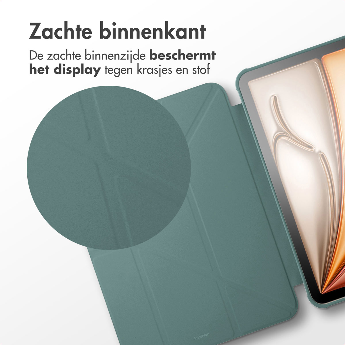 Green tablet case open. Circular image shows close-up of material. Text: Soft inside protects display against scratches.