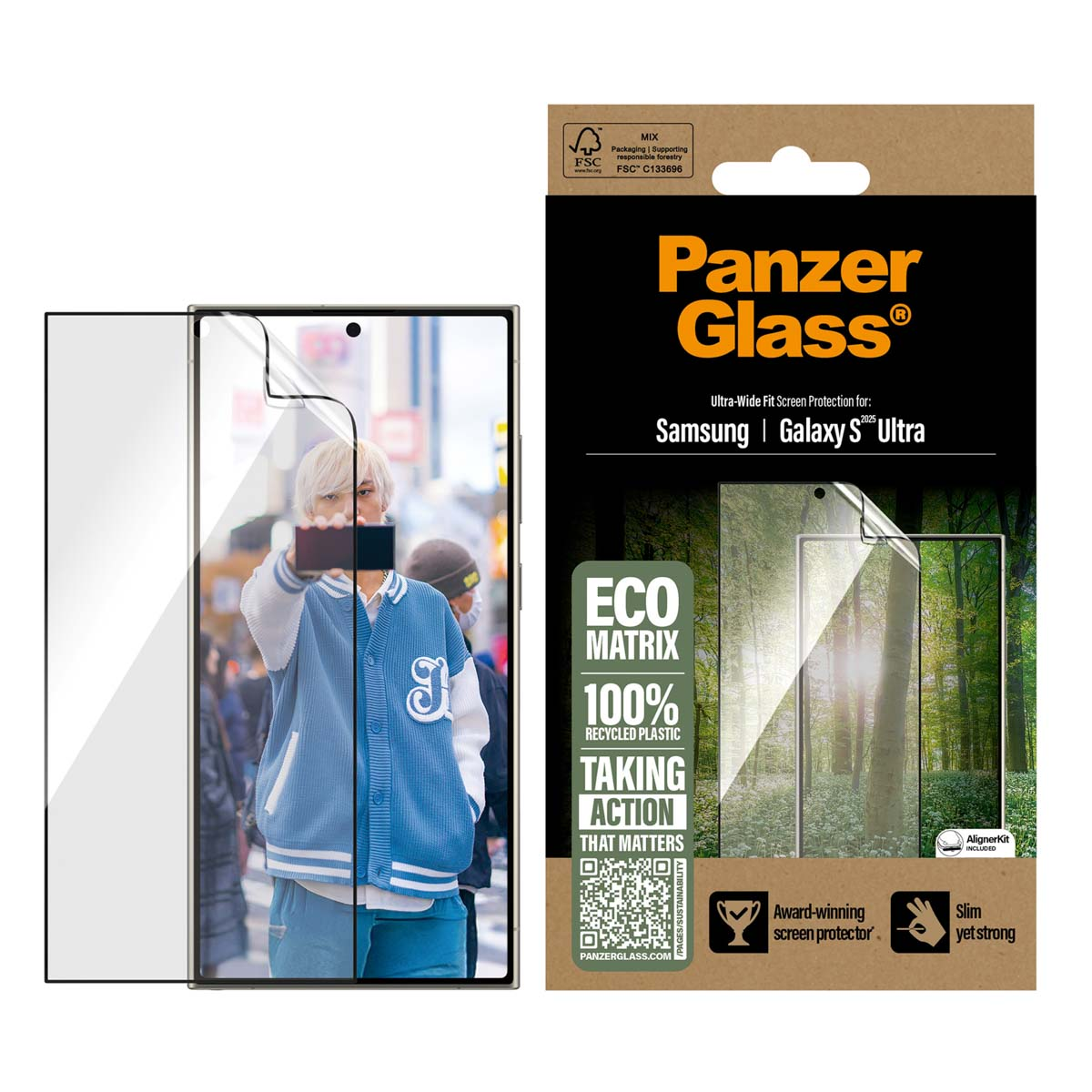 Telefoon met screenprotector en doos. De doos heeft tekst over de protector, met een persoon.