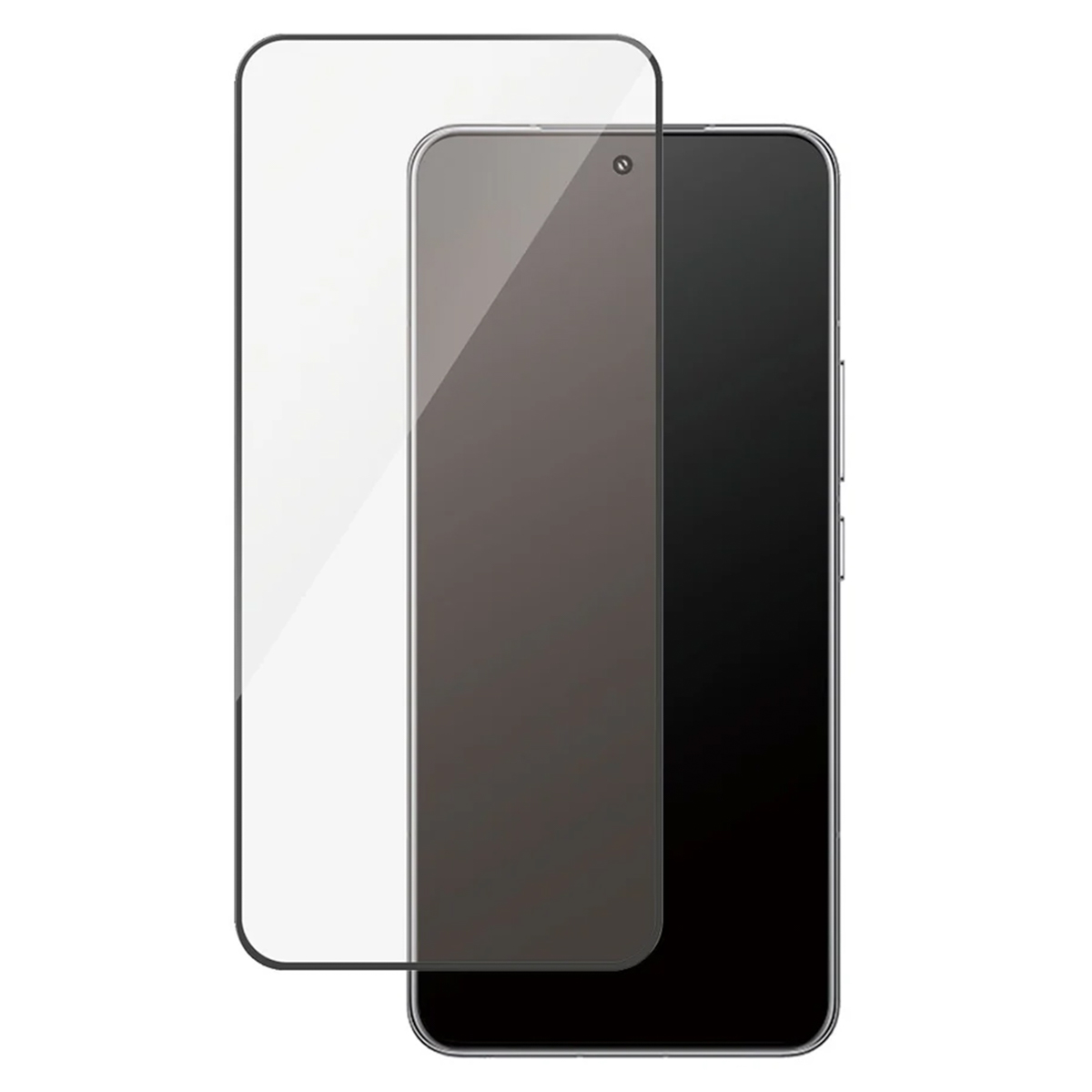 Telefon z ochraniaczem ekranu. Telefon i ochraniacz znajdują się na białym tle. Telefon jest czarny.