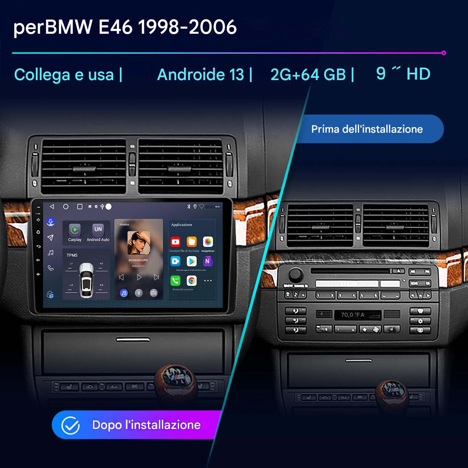 Installazione dello schermo dell'auto per i modelli BMW E46 1998-2006, mostrando prima e dopo.