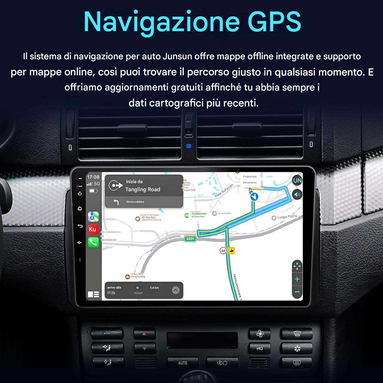 Cruscotto auto con navigazione GPS, mappa e guida del percorso.