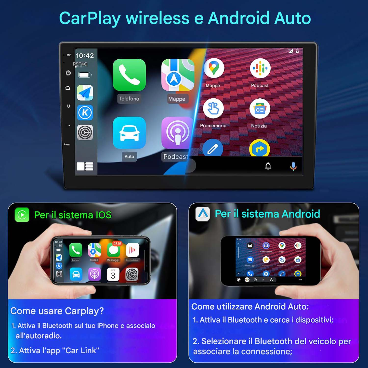 CarPlay wireless e Android Auto visualizzati sullo schermo di un'autoradio, con istruzioni per l'uso in basso.