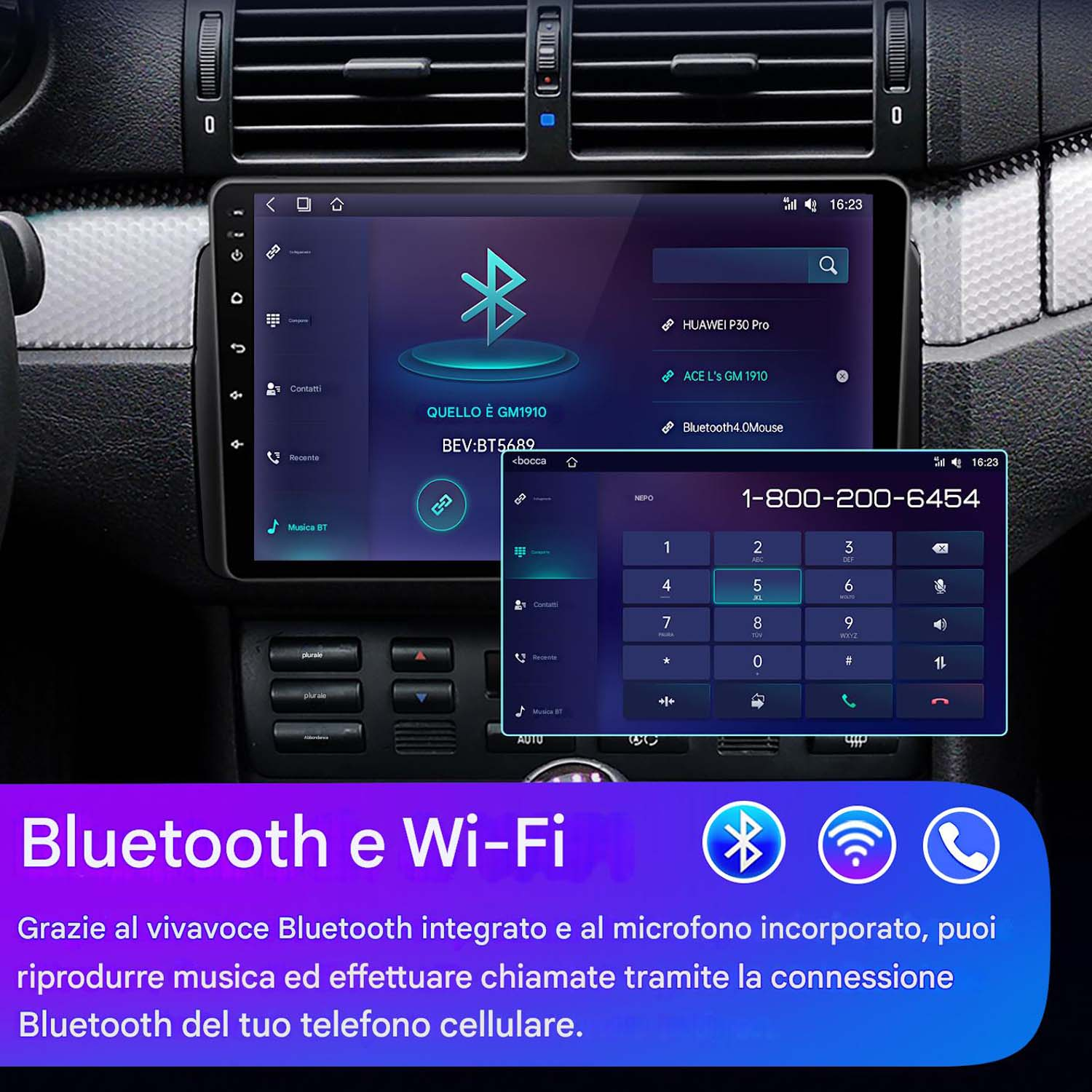 Sistema audio per auto che mostra uno schermo del telefono con un'icona Bluetooth blu e una tastiera telefonica.