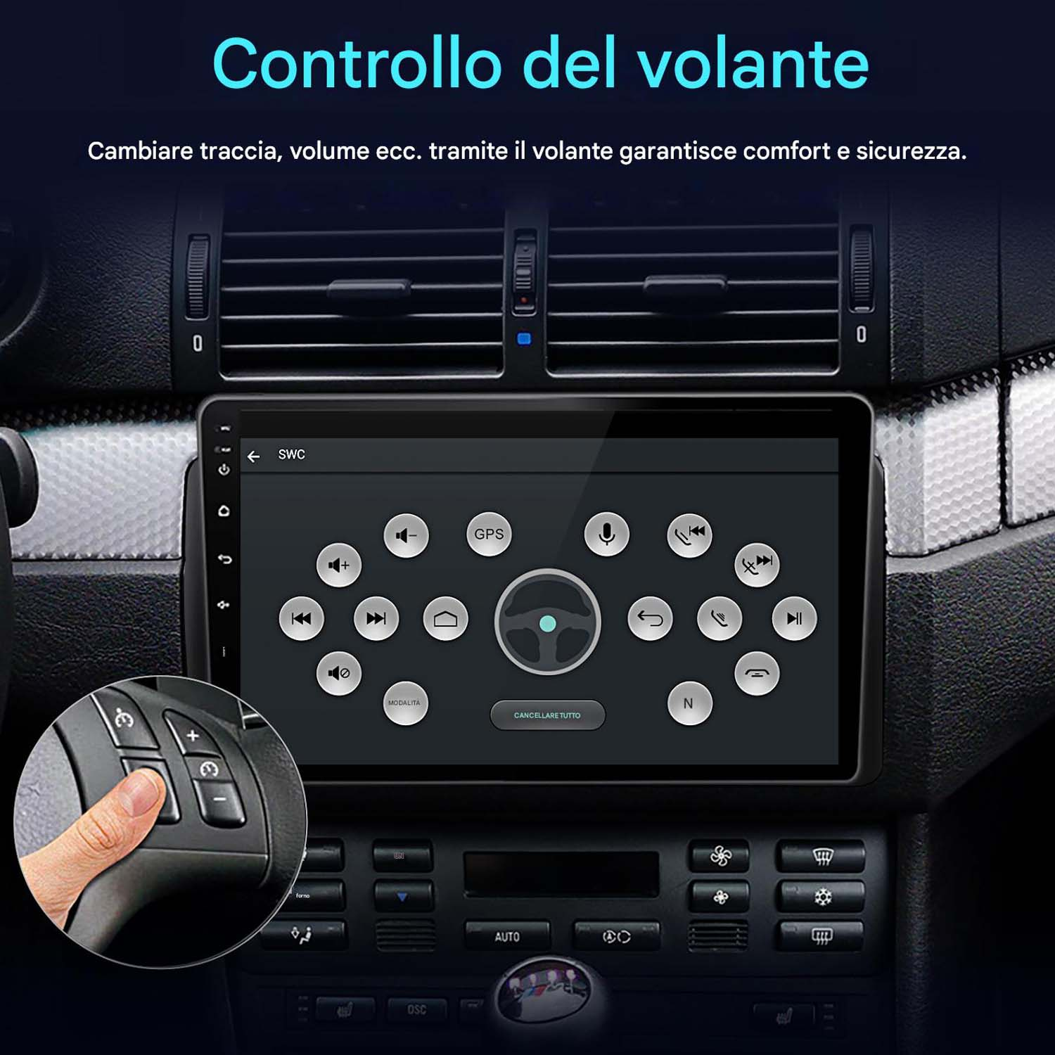 L'immagine mostra il sistema di controllo del volante di un'auto, evidenziando lo schermo e i pulsanti della console.