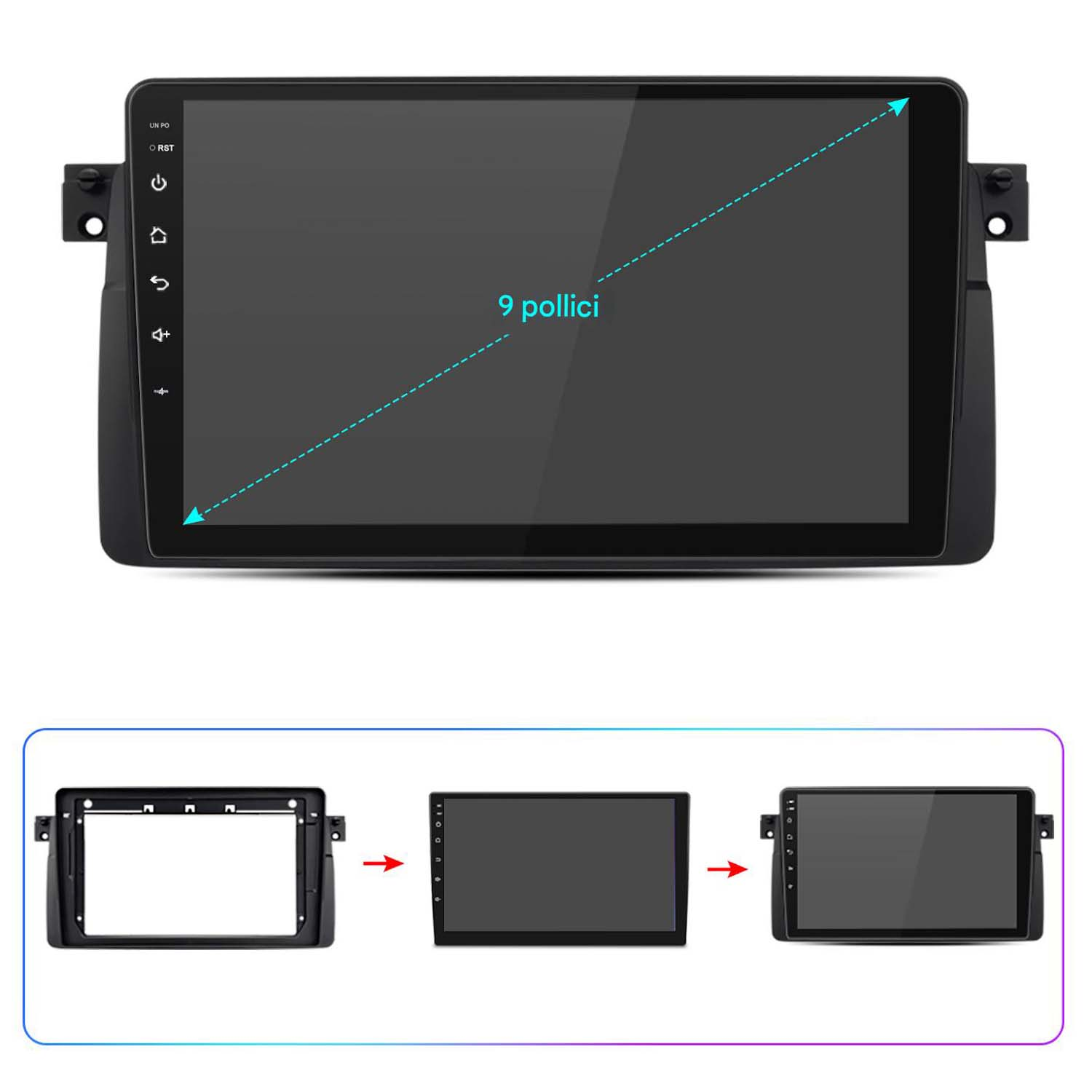 Schermo multimediale per auto con display da 9 pollici e cornice nera, insieme ai passaggi di installazione.