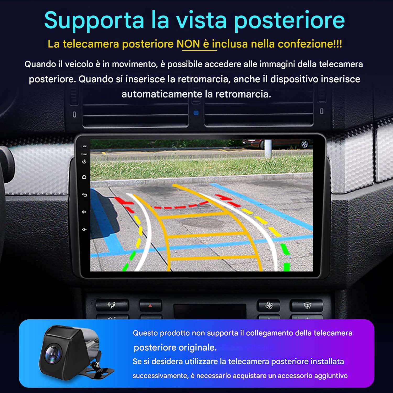 Schermo autoradio che mostra la vista posteriore, testo sulla telecamera posteriore e un'immagine secondaria.