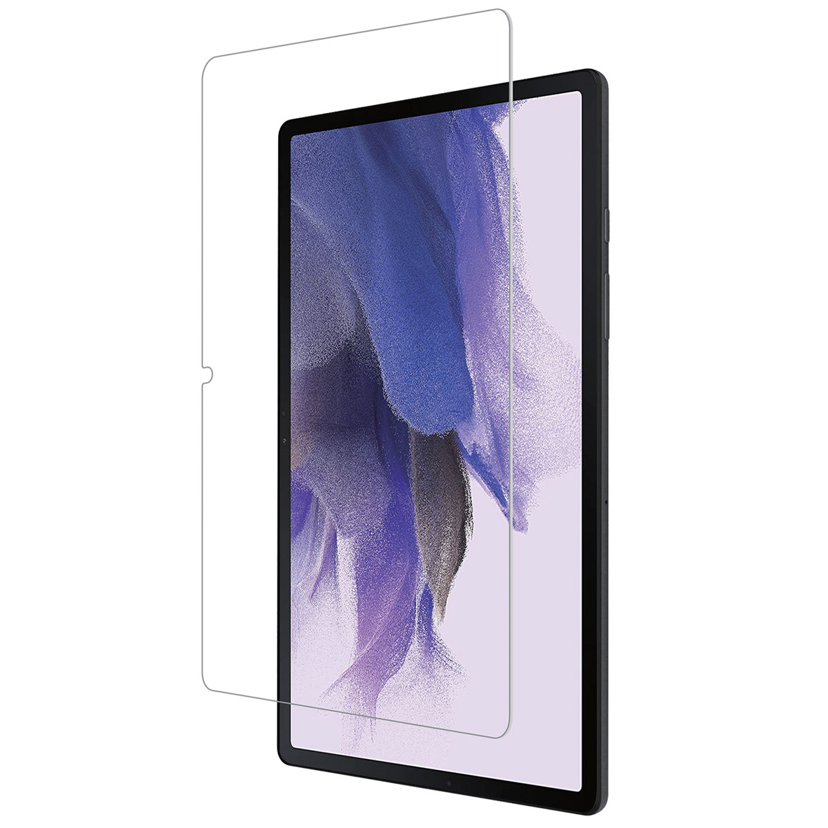 Una protezione schermo trasparente su un tablet nero, che rivela il design.