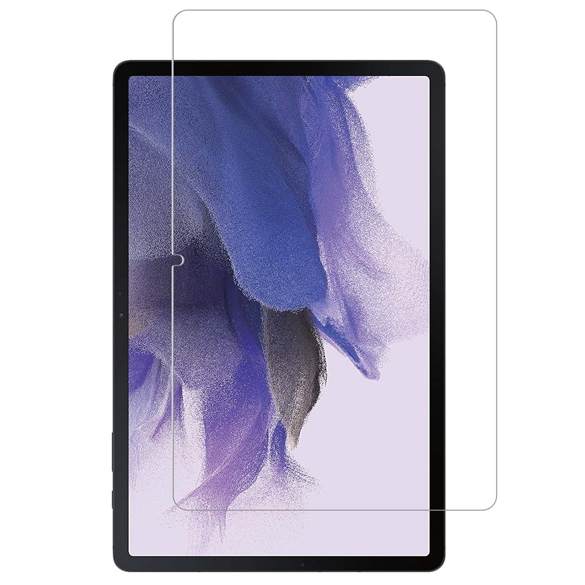 Tablet con protezione schermo applicata. Visualizza colori viola e bianchi.