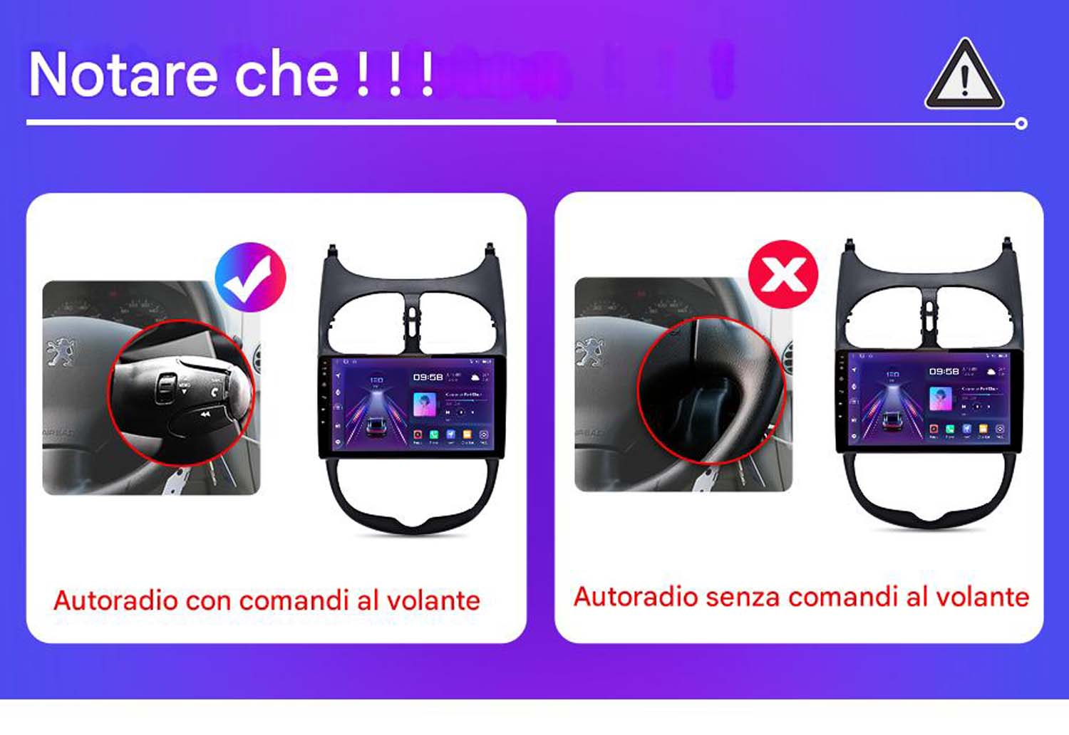Due display del cruscotto dell'auto. Uno ha i comandi al volante; l'altro no. Testo in italiano.