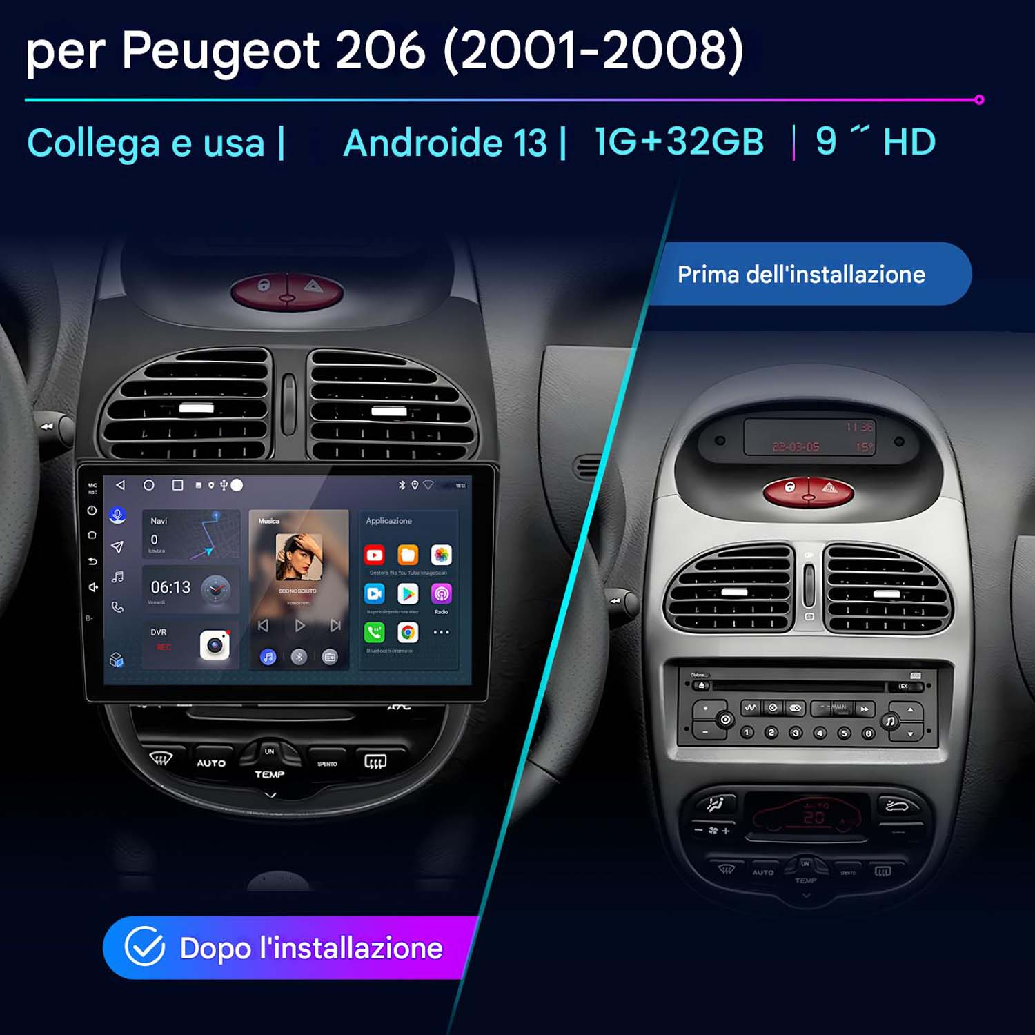 Installazione dello schermo dell'auto per i modelli Peugeot 206 2001-2008, vista prima e dopo.