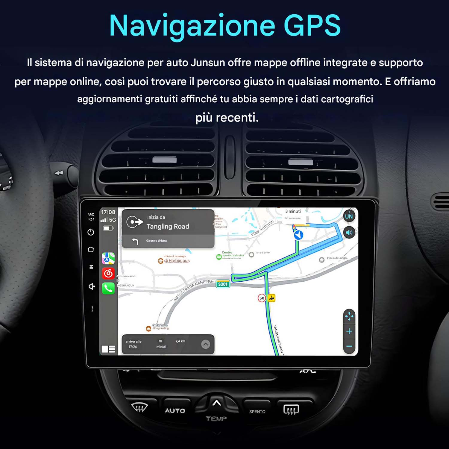 Cruscotto auto con navigazione GPS, mappa e guida del percorso.