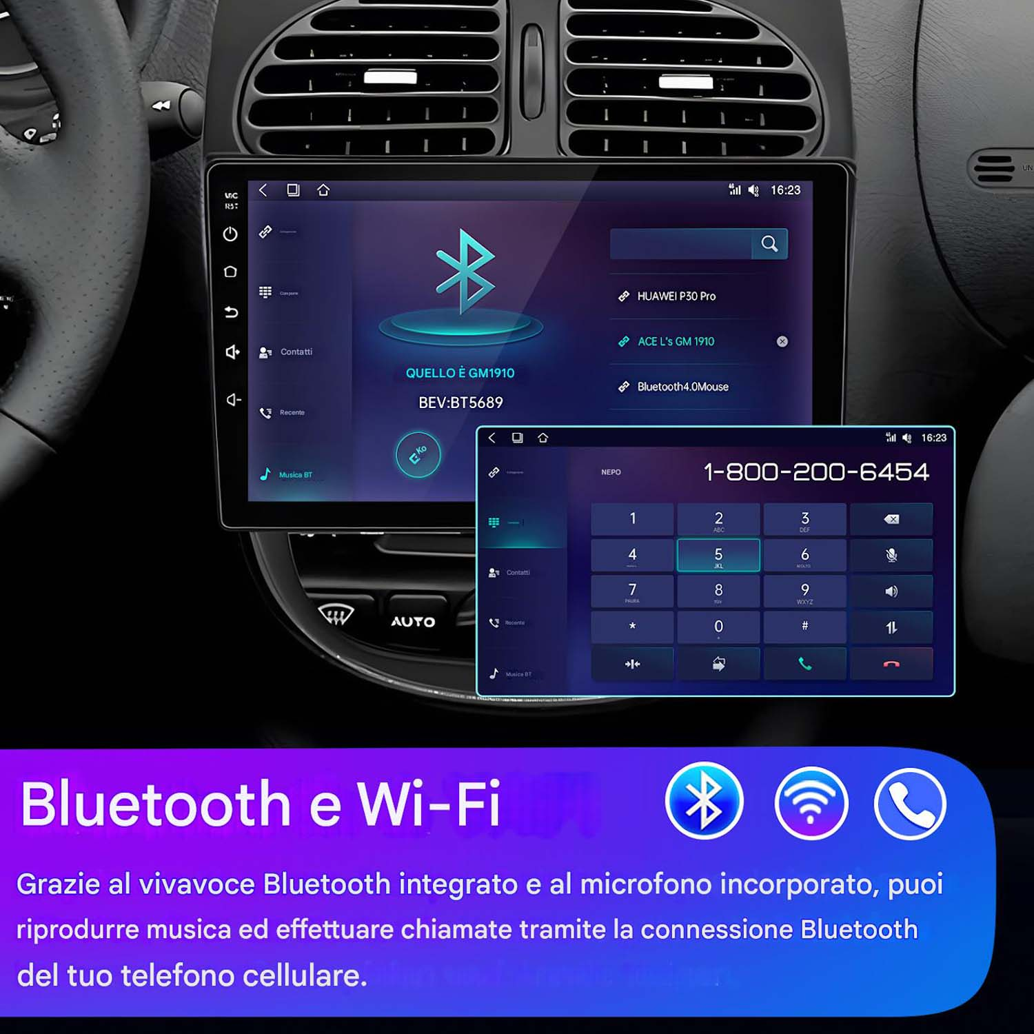 L'immagine mostra una console per auto con funzionalità Bluetooth e Wi-Fi, che mostra le opzioni di connessione e un quadrante.