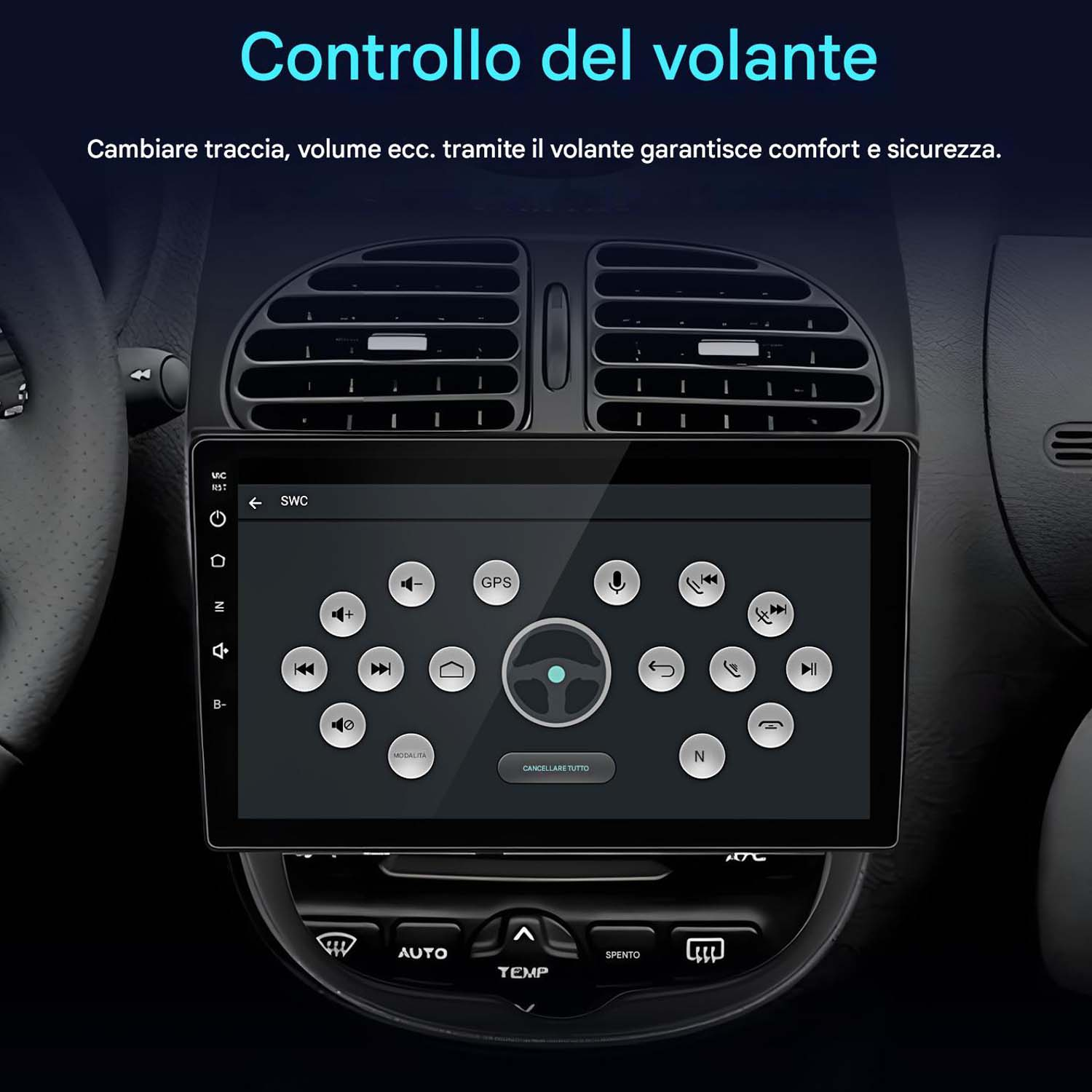 Schermo del sistema audio per auto che mostra le opzioni di controllo del volante e i pulsanti sul cruscotto.