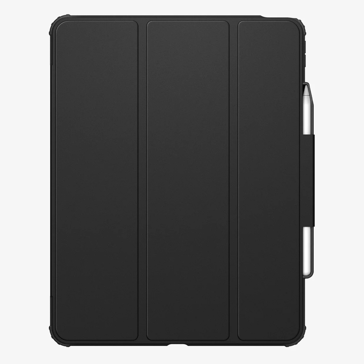 Black iPad cover with a pen holder. It has a three-panel design.