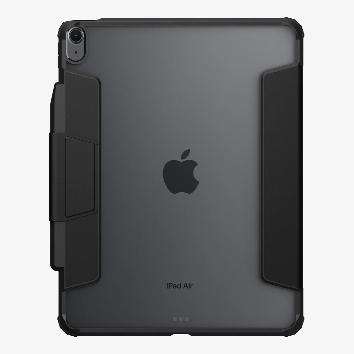 iPad Air with a black case. The back of the iPad is visible, with the Apple logo.