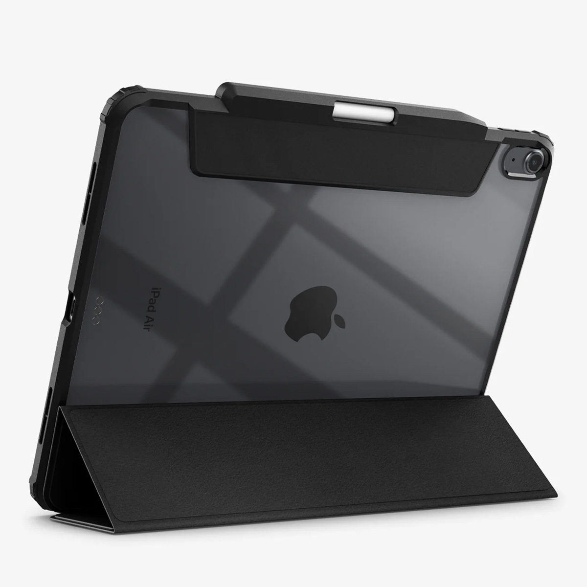 A black tablet case with a tablet inside, showing the Apple logo.