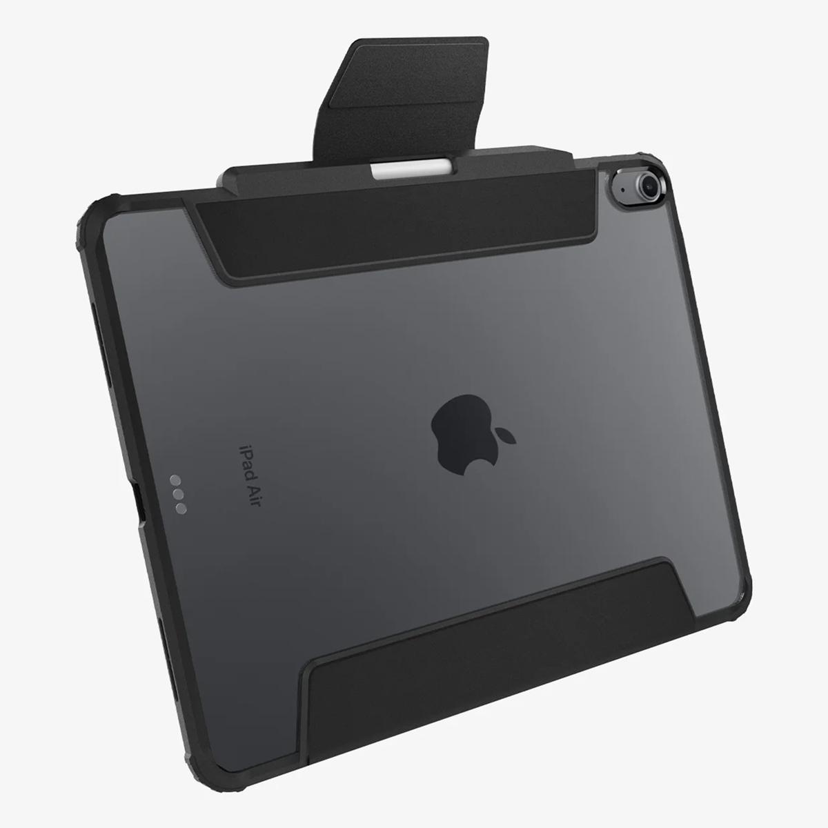 iPad Air in black protective case. The case is open. Apple logo visible on the back. Black and gray elements.