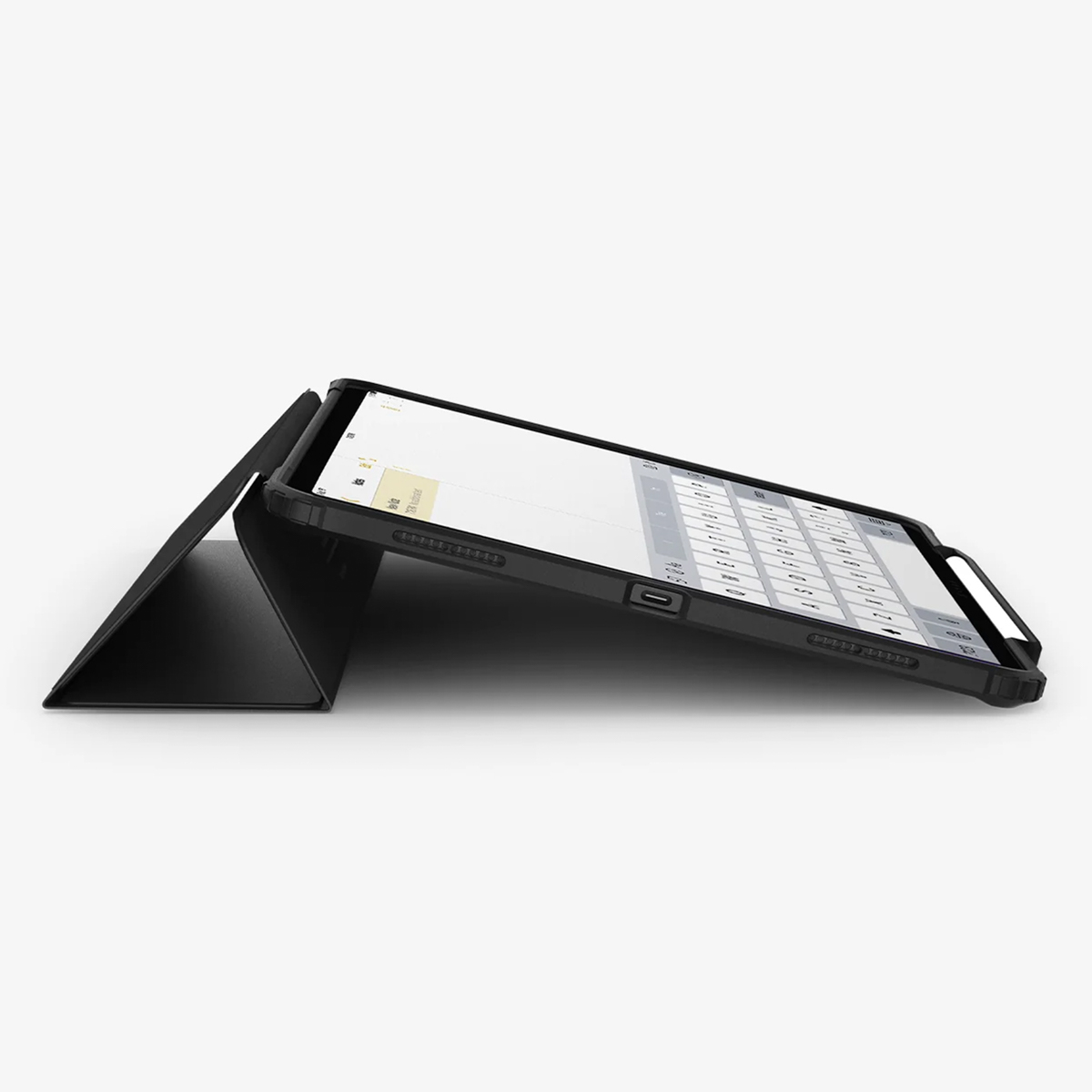 A black tablet case with the tablet open, showing the keyboard and screen.