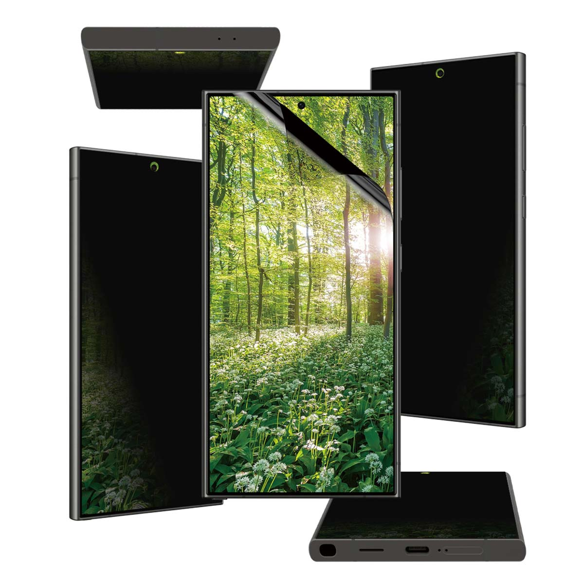 Smartphone con schermo privacy che mostra una scena di foresta, angolazioni multiple.