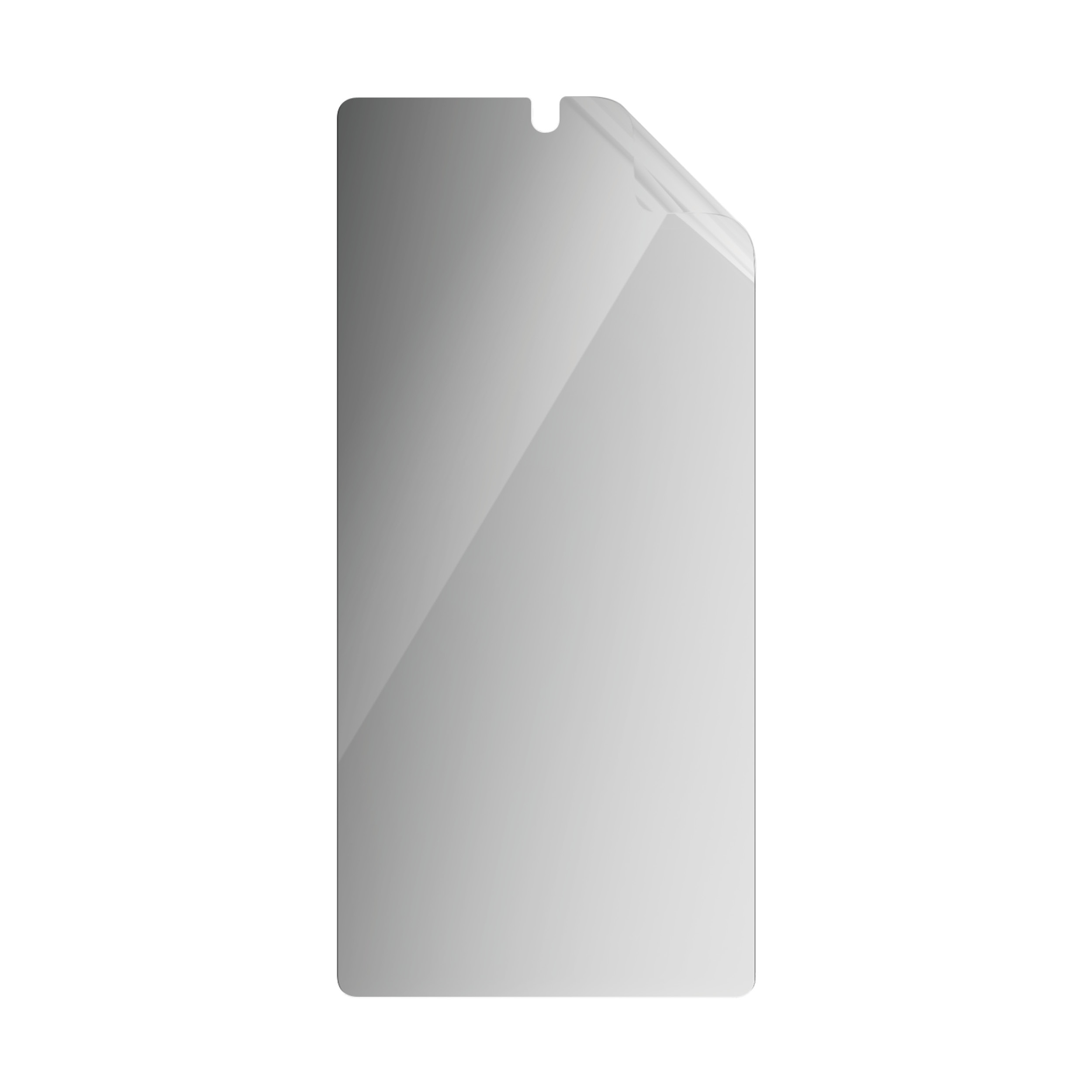 Una protezione per lo schermo di un telefono. È trasparente con un bordo leggermente curvo, su sfondo bianco.