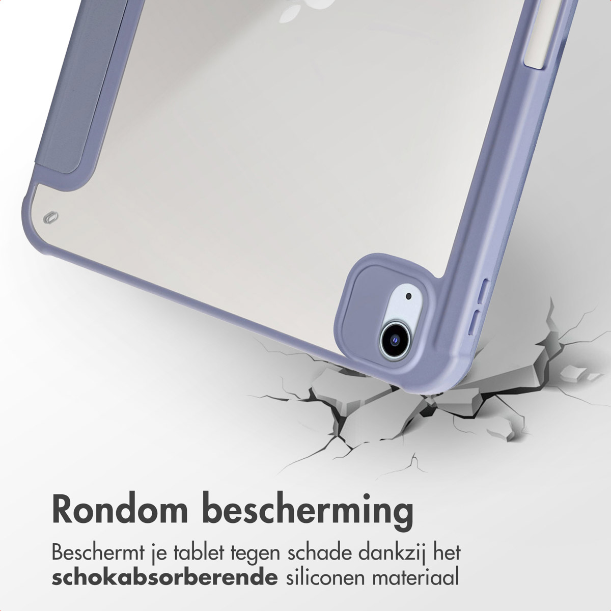 Tablet case with a purple frame, clear back, and cracked ground below.
