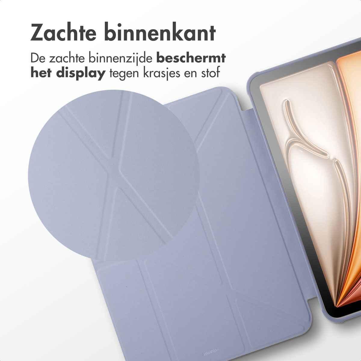 Close up of a tablet in a blue case. The interior is light blue.