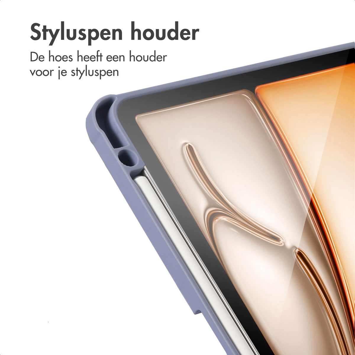 Close-up of a tablet case with a stylus holder. The case is light purple, the holder is gray.
