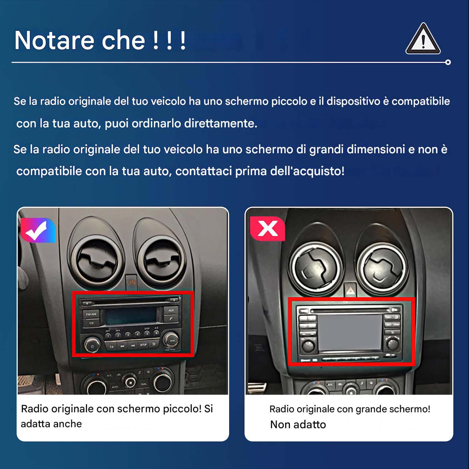 L'immagine mostra due autoradio. Uno piccolo e uno grande. Il testo indica se l'auto ha uno schermo piccolo o grande.