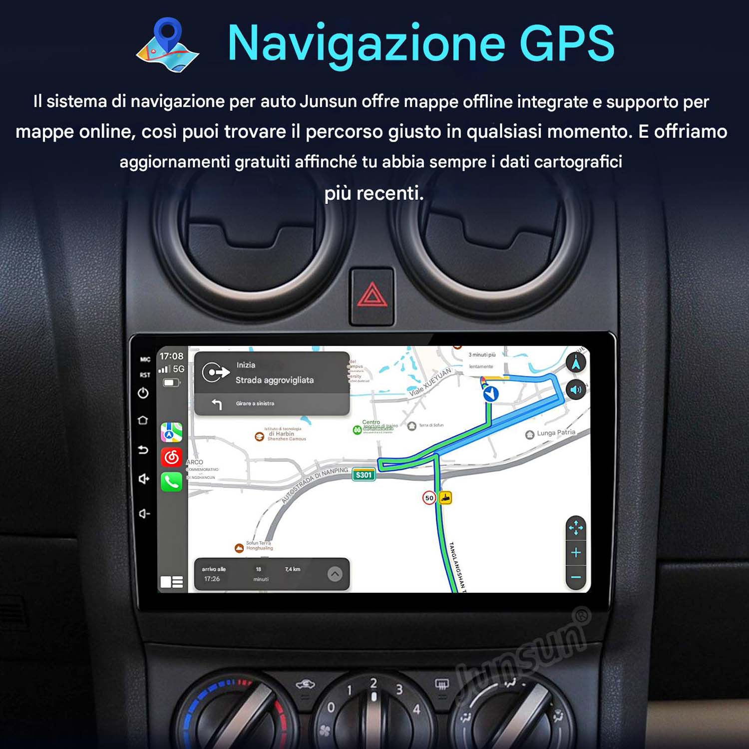 Cruscotto auto con schermo di navigazione GPS che mostra mappa e percorso. Il testo è in italiano.