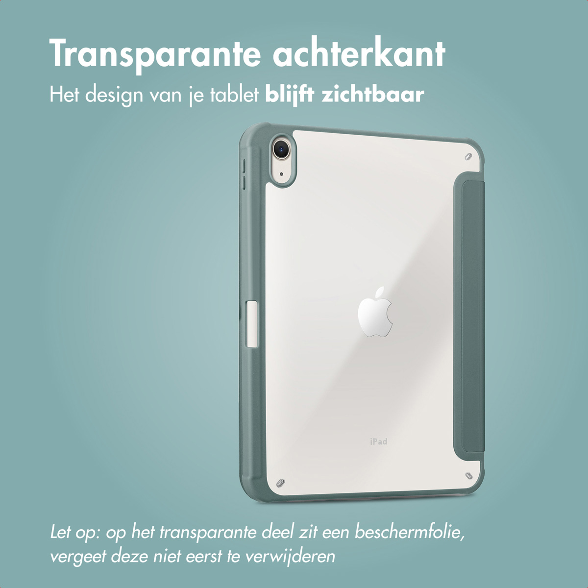 An iPad in a protective case. The case is green and has a clear back.