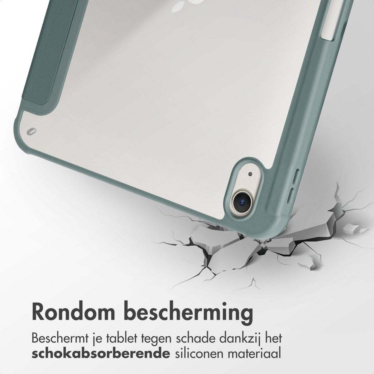 Green tablet case, the tablet is inside, cracks show. Text: 'All-around protection thanks to silicone material'.