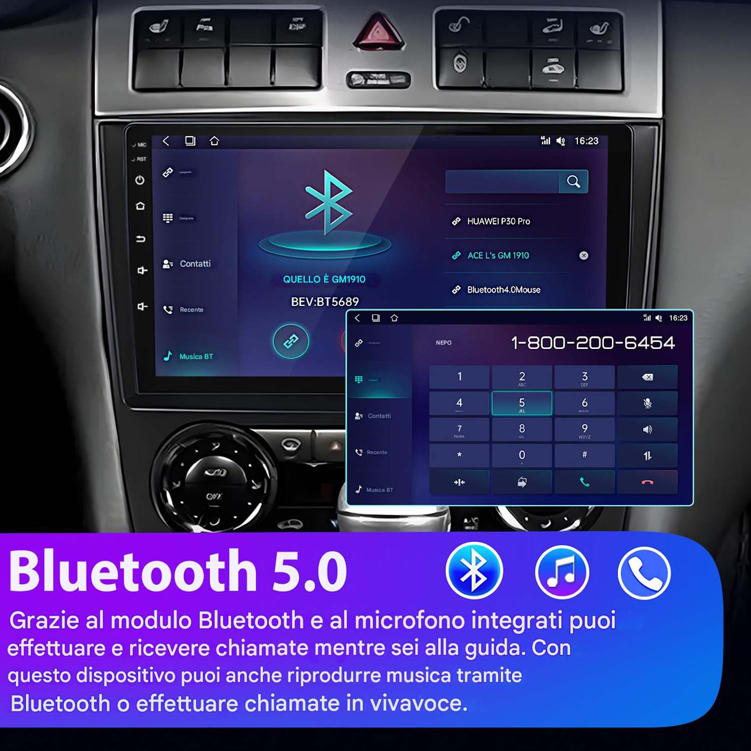 Schermo autoradio con Bluetooth 5.0, un tastierino numerico e un elenco contatti sullo schermo.
