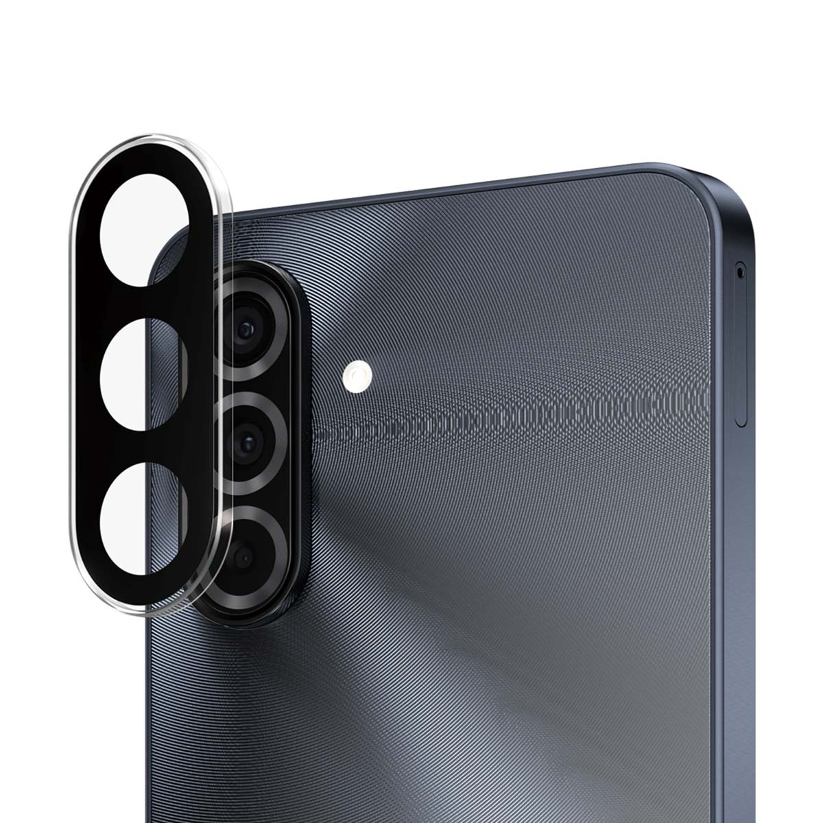 Un telefono nero con tre obiettivi e un flash. Viene mostrata una protezione per lenti.
