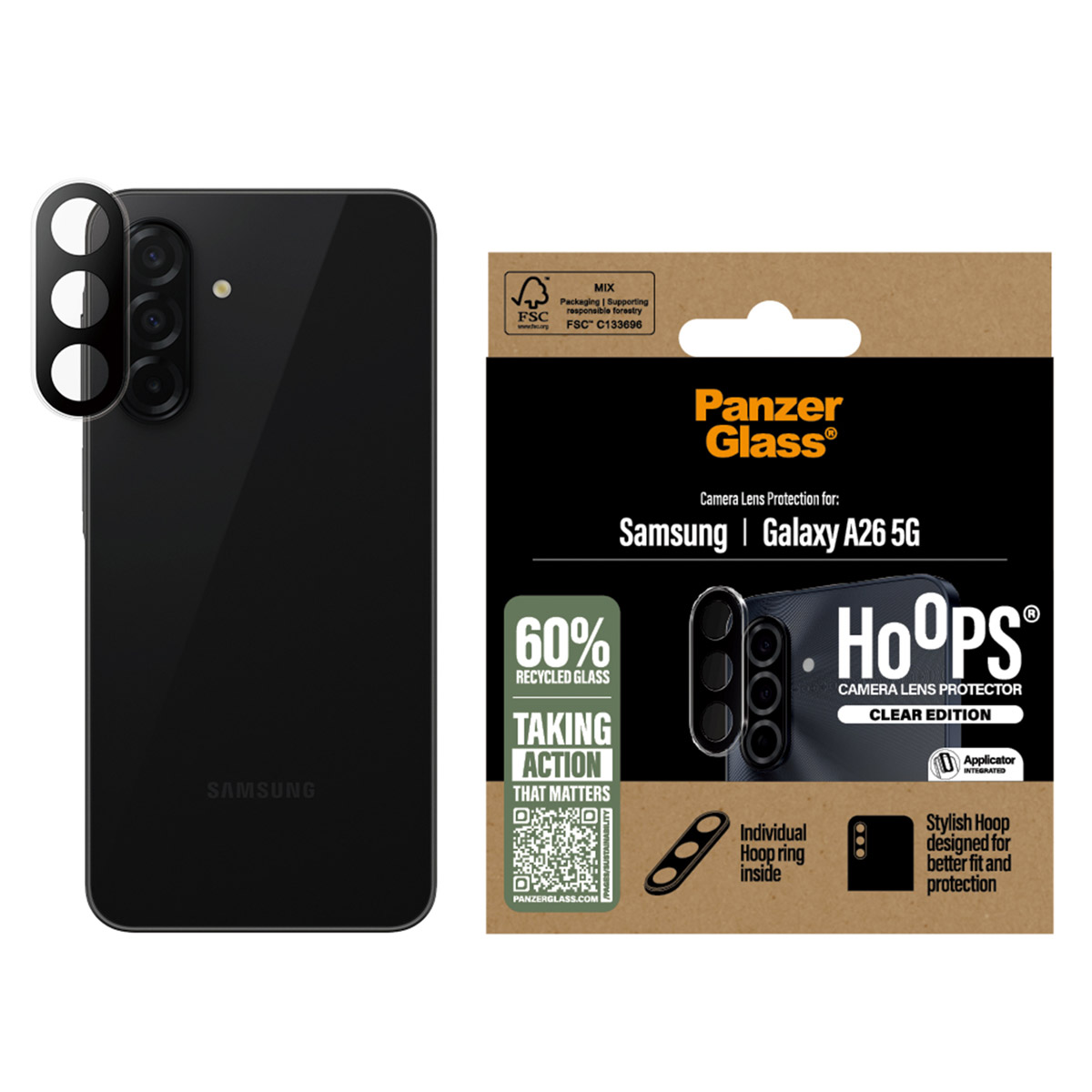 Telefono nero, protezione lente fotocamera e confezione con testo e loghi su sfondo bianco.