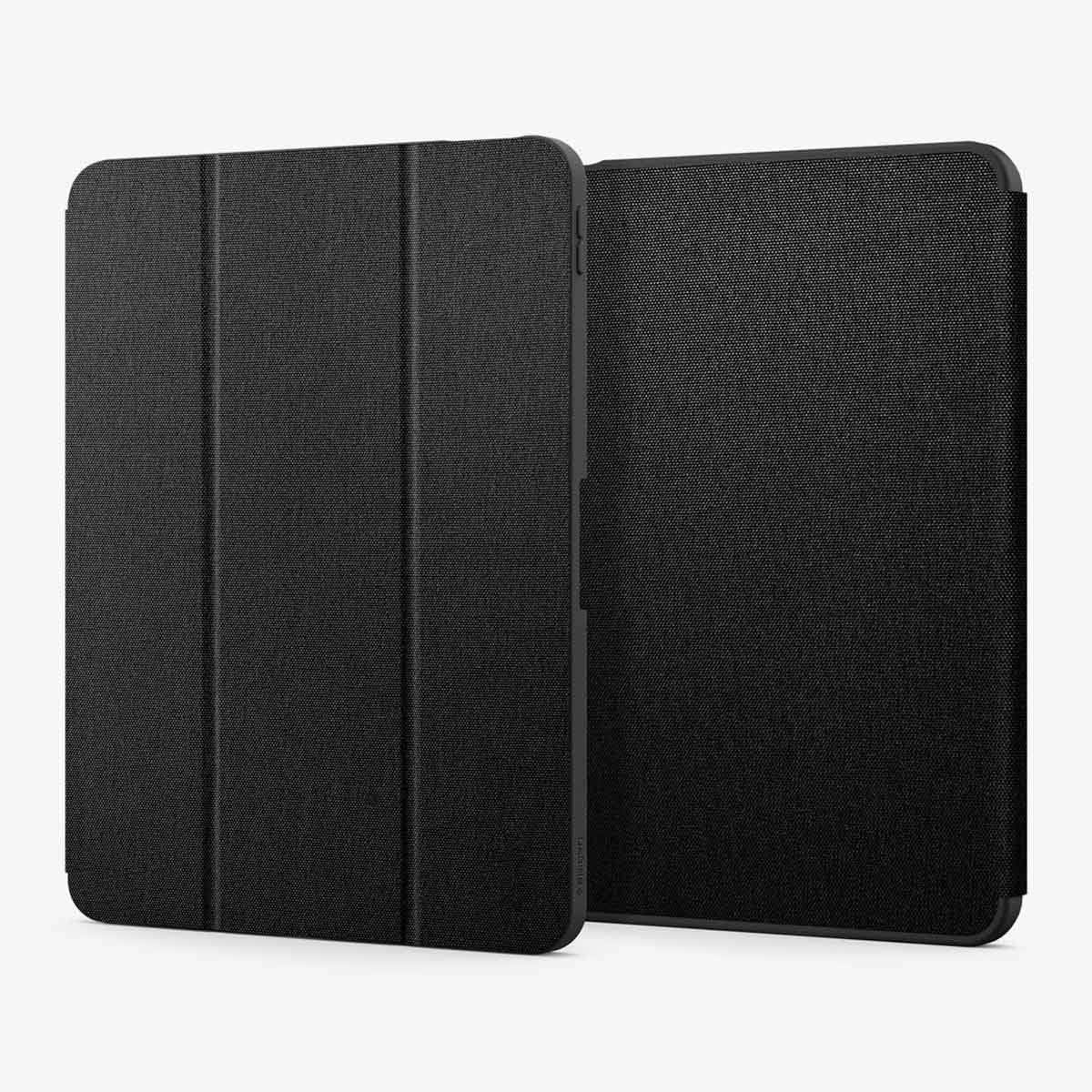 Black tablet case, two parts laying open, showing the inside.