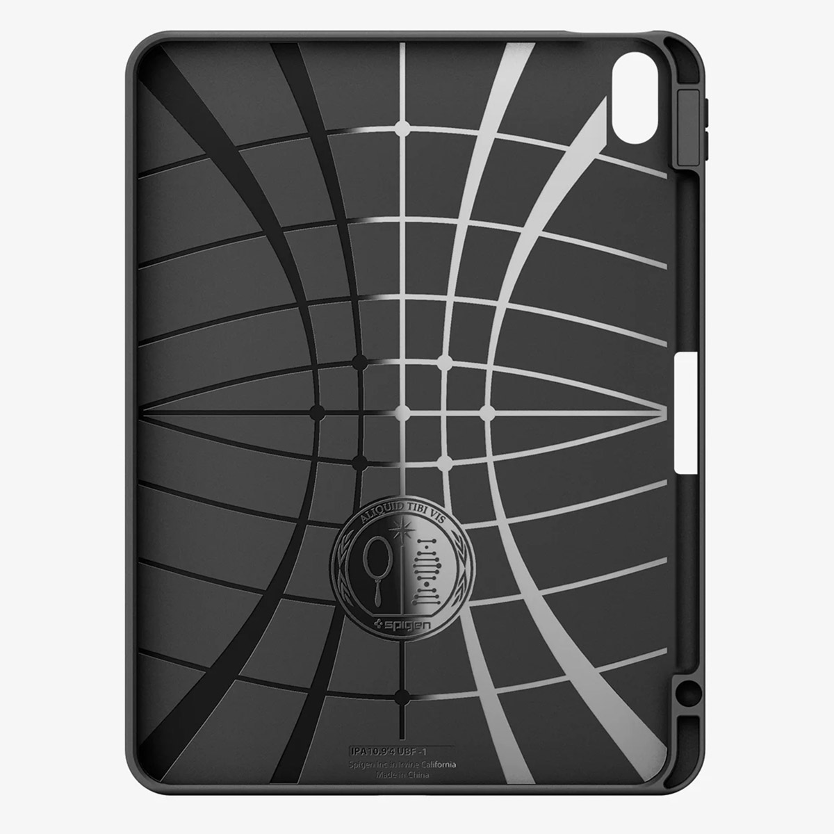 Black iPad case with a geometric pattern and the Spigen logo.