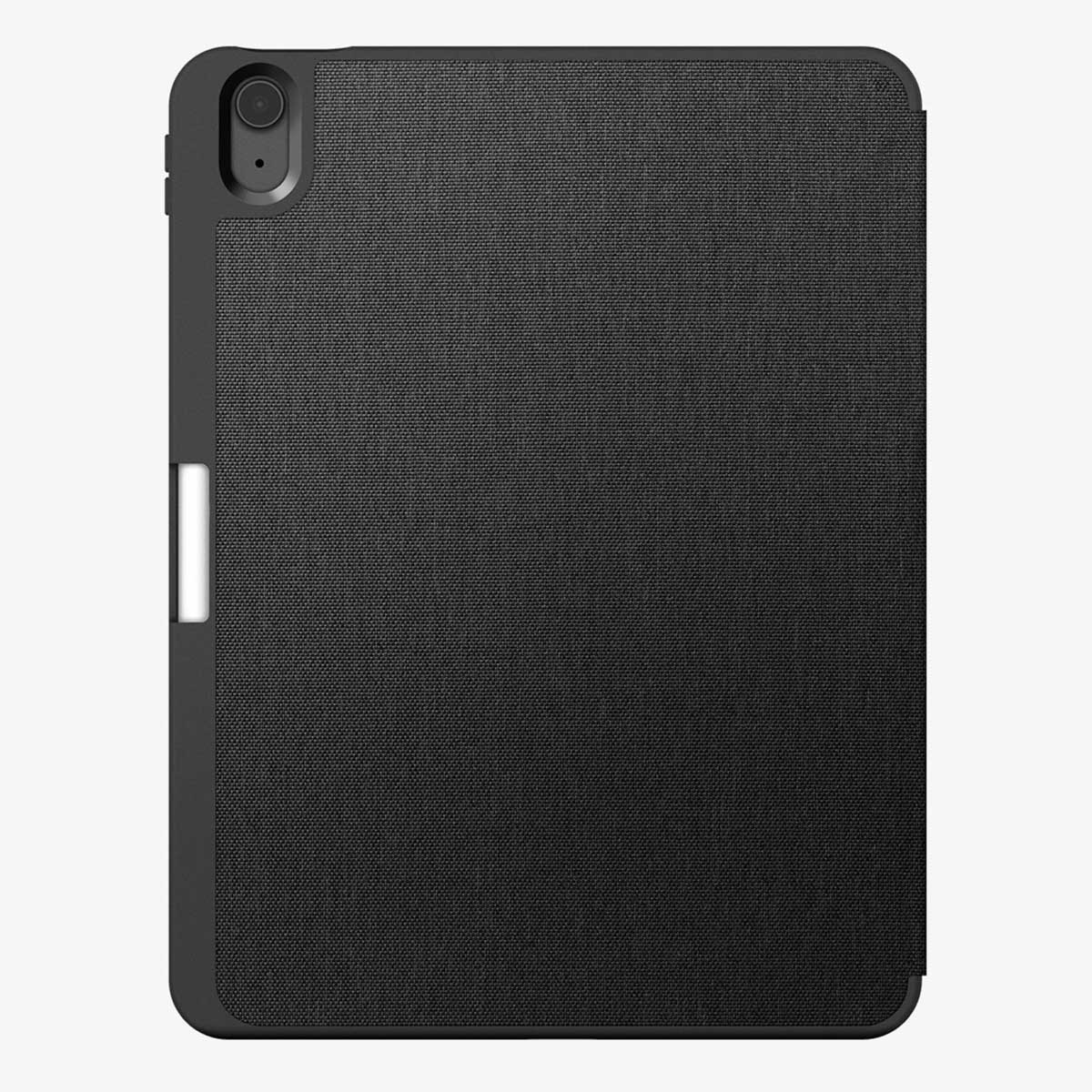 A black tablet case with a fabric texture. The camera lens is visible on the top left.