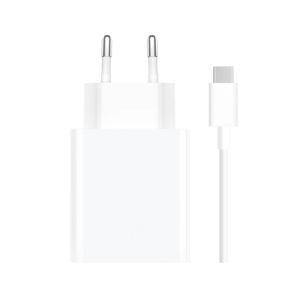 Biała ładowarka i kabel na białym tle. Ładowarka ma dwa bolce.