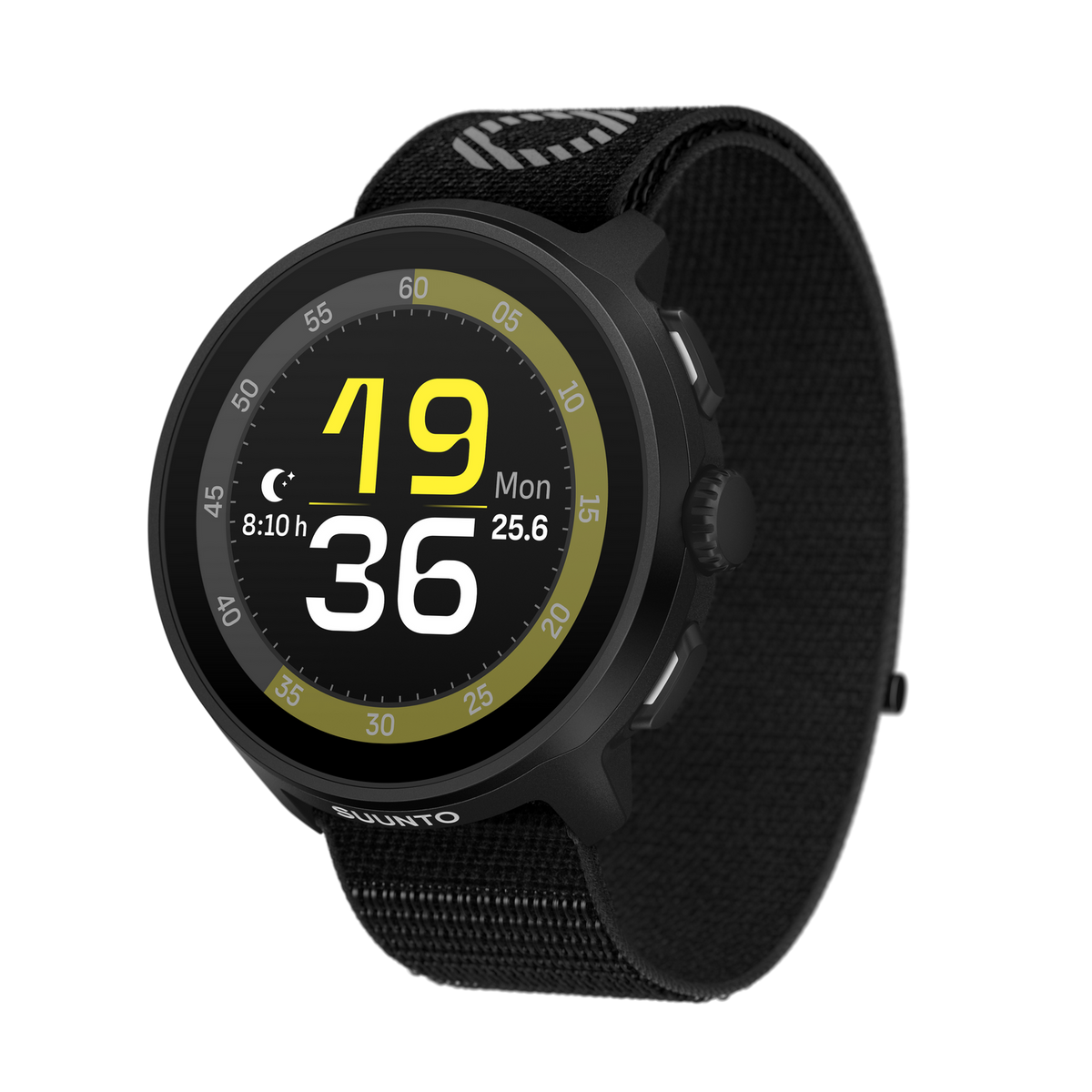 Czarny smartwatch Suunto wyświetla godzinę, datę i wskaźnik biegu na czarnym pasku.