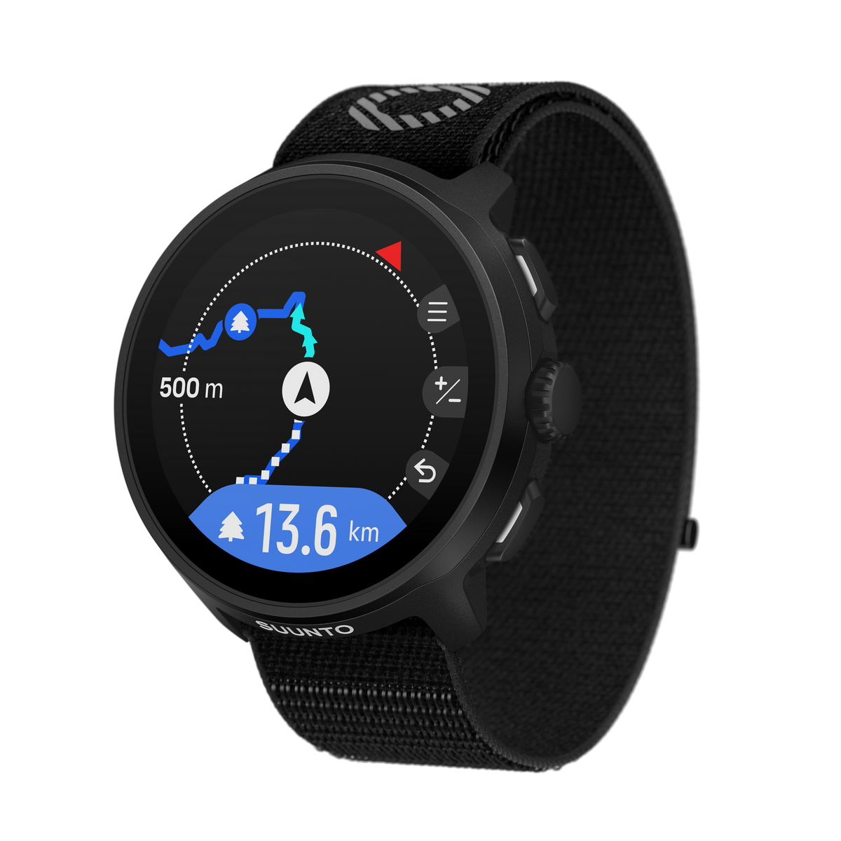 Smartwatch z mapą i trasą, czarny pasek, szczegóły na ekranie, czarne tło.