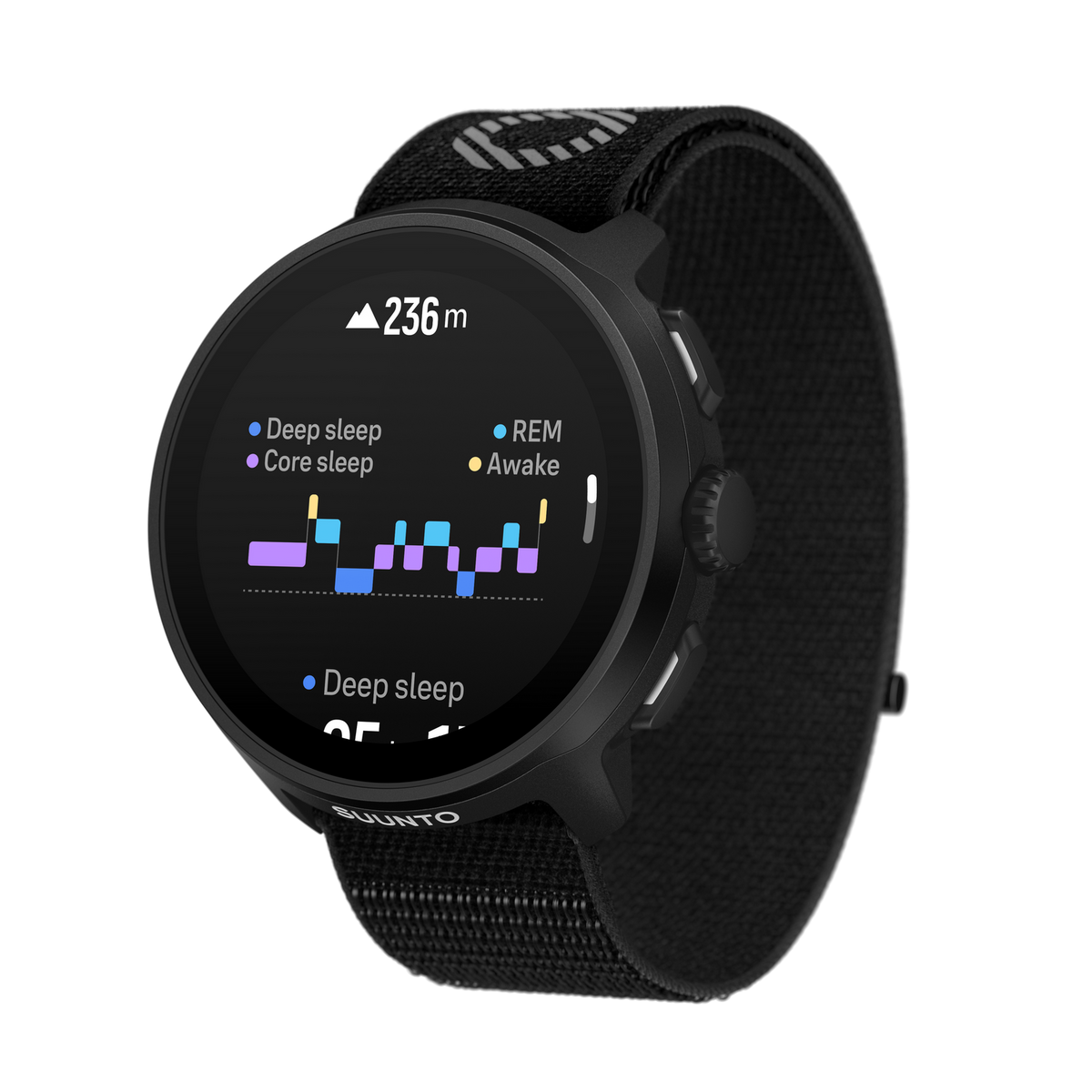 Czarny smartwatch Suunto z czarnym paskiem. Wyświetla dane dotyczące snu i inne wskaźniki.