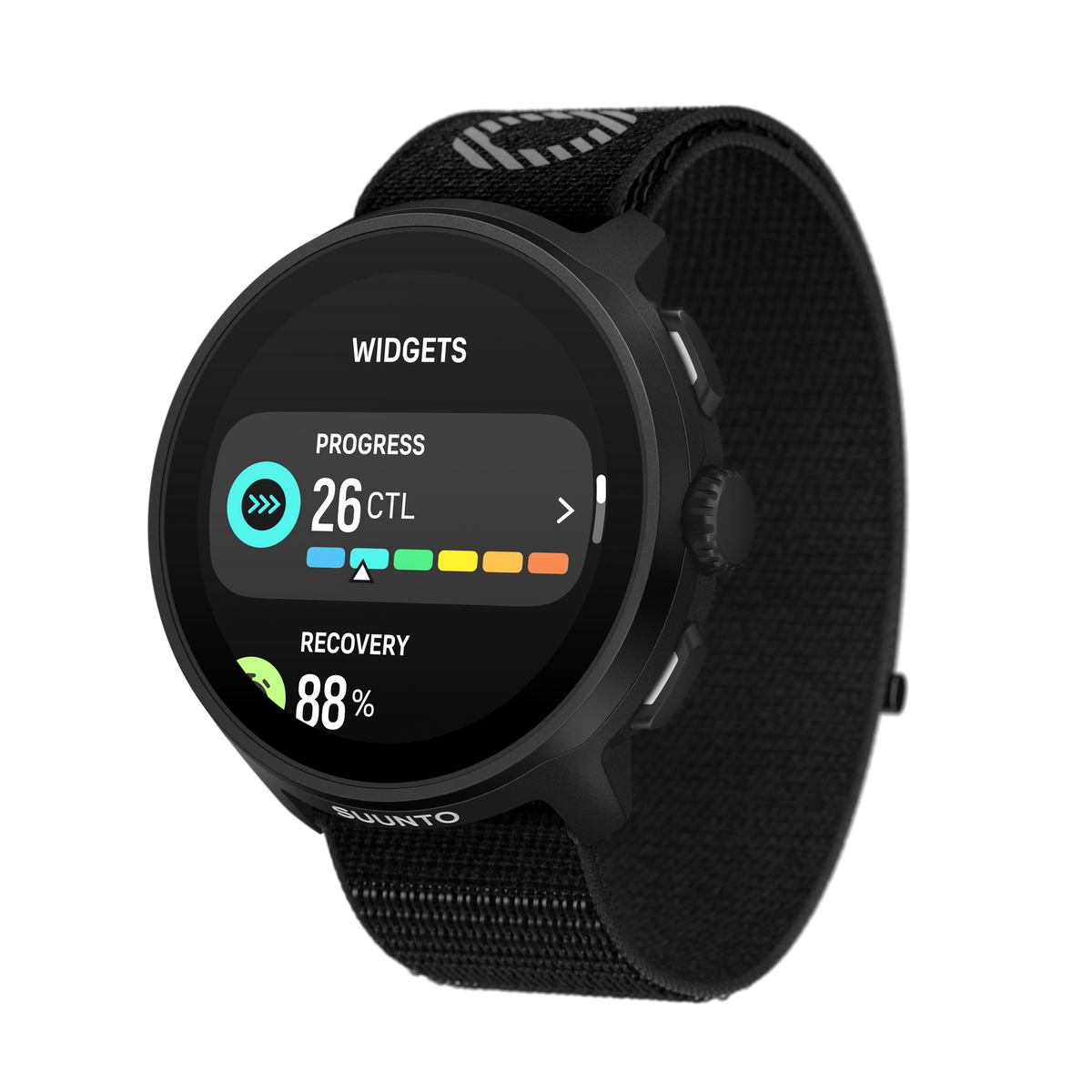 Czarny smartwatch Suunto. Pokazuje dane 'WIDGETS', 'PROGRESS' i 'RECOVERY'.