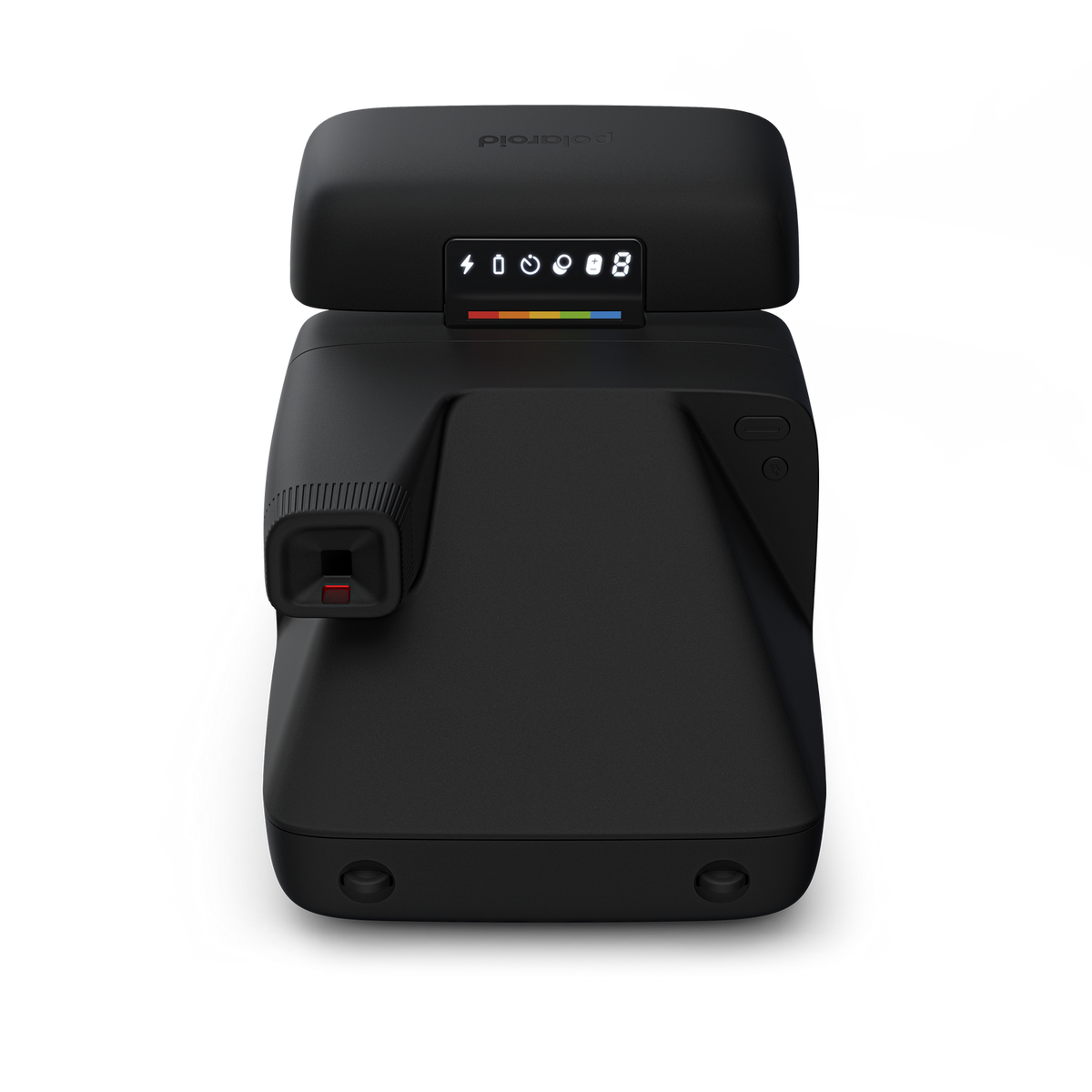 Schwarze Polaroid-Kamera, Vorderansicht, Digitalanzeige zeigt Batterie & Anzahl.