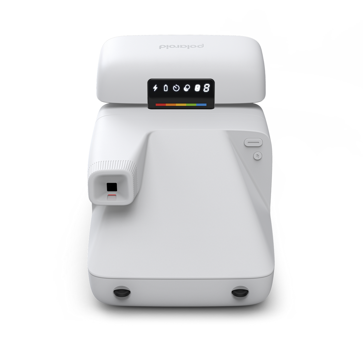 Weiße Polaroid-Kamera mit kleinem Display, schwarzer Hintergrund.