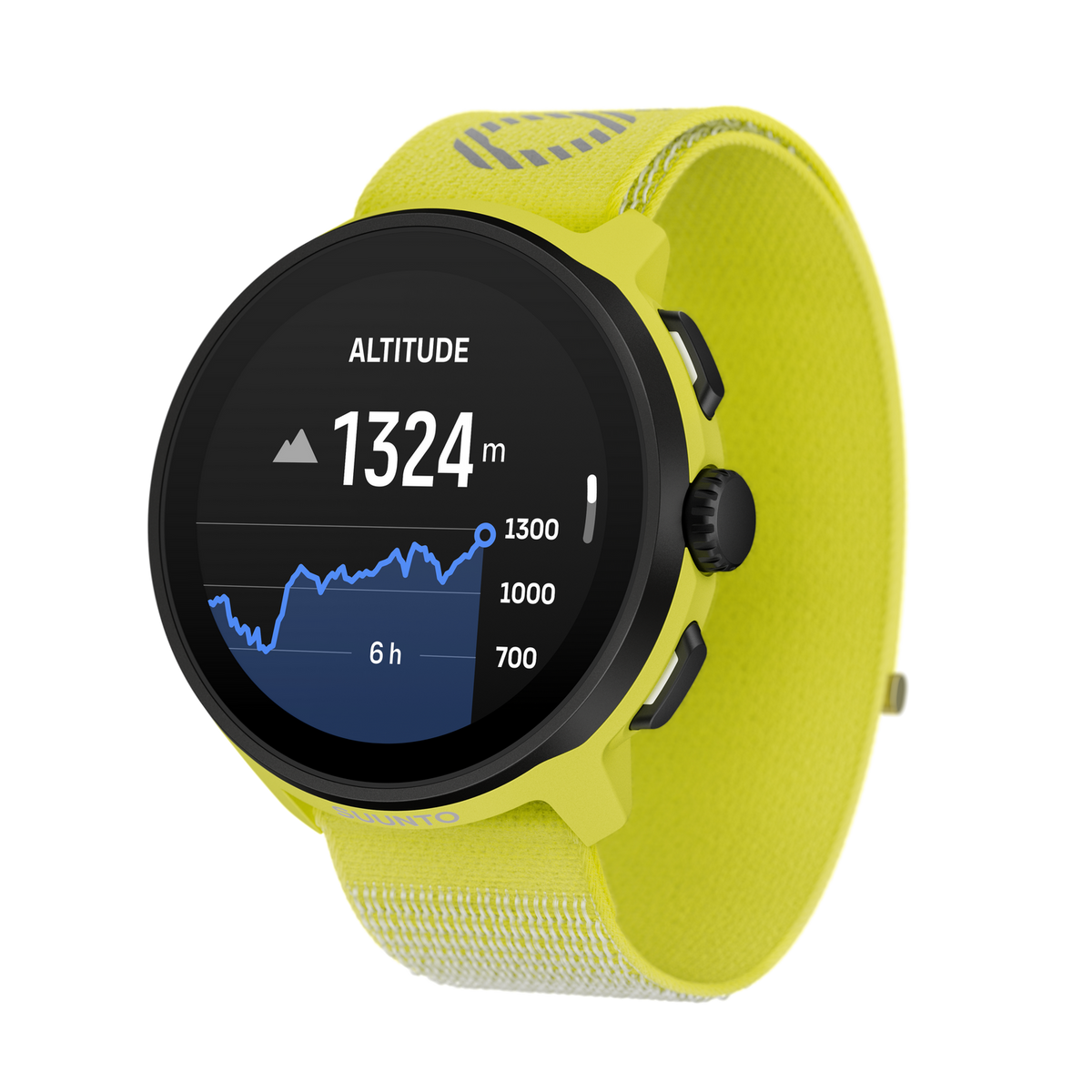 Limonkowo-zielony smartwatch z czarnym ekranem pokazującym wysokość i wykres.