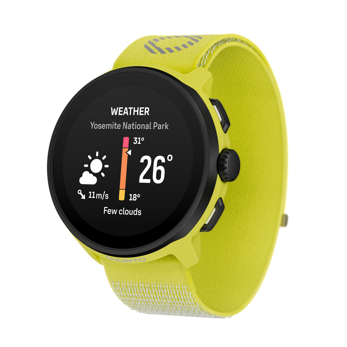 Żółty zegarek Suunto z czarnym wyświetlaczem pokazującym dane pogodowe. Pasek jest w dopasowanym żółtym kolorze.