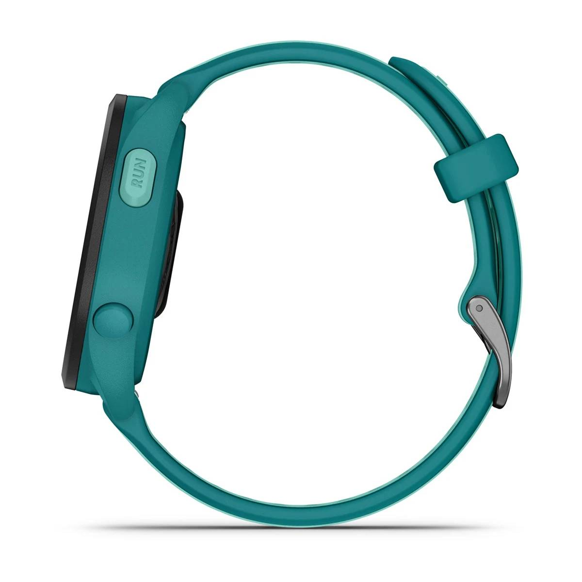 Eine teal Smartwatch auf weißem Hintergrund, die die Lauftaste auf der linken Seite zeigt.