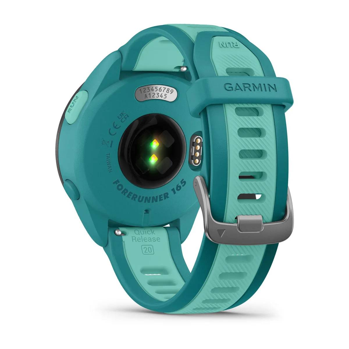 Rückansicht einer türkisfarbenen Smartwatch mit grünen Bändern. Enthält das Garmin-Logo.
