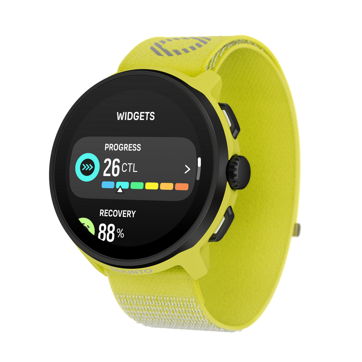 Żółty smartwatch na czarnym wyświetlaczu pokazujący dane postępu i regeneracji.